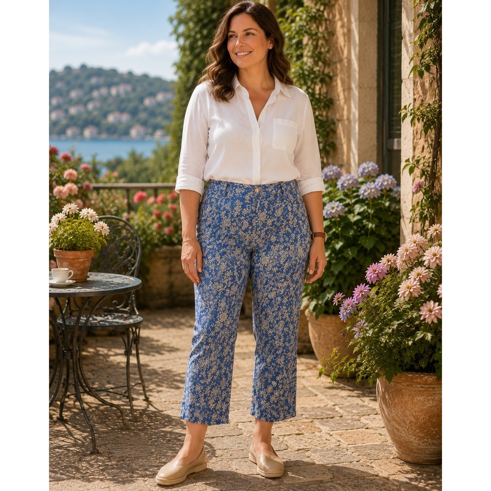 Lauren Ralph Lauren Floral Toile Crop Pants Womens 14 Blue White Straight Leg
